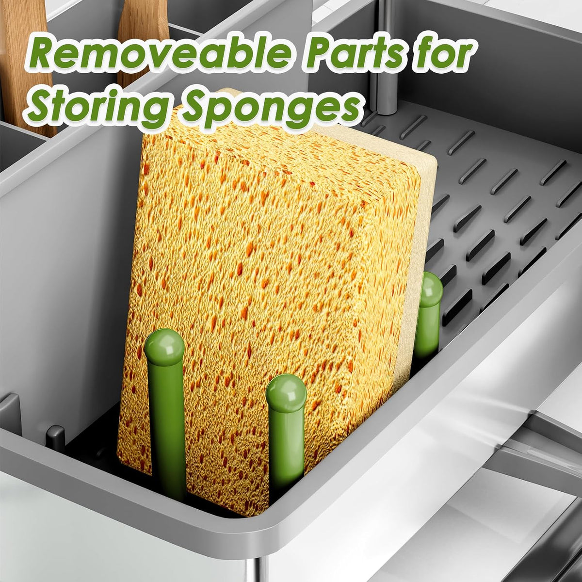 Ewaiira Stainless Steel Sink Caddy, Sponge Holder for Kitchen Sink 9.8″ | with Brush Holder and Towel Rack, Sink Organizer for Countertop, Soap Kitchen Organizers Storage Essentials, Black