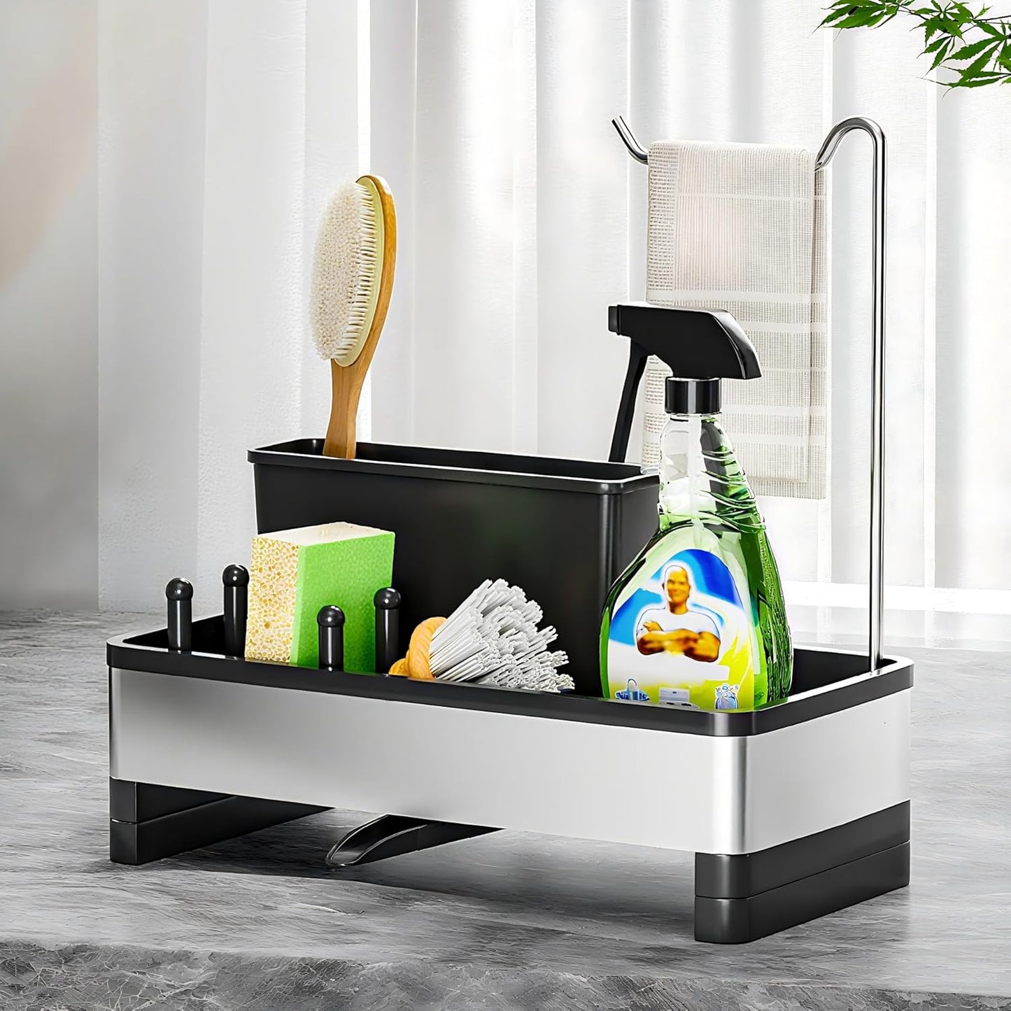 Ewaiira Stainless Steel Sink Caddy, Sponge Holder for Kitchen Sink 9.8″ | with Brush Holder and Towel Rack, Sink Organizer for Countertop, Soap Kitchen Organizers Storage Essentials, Black