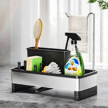 Ewaiira Stainless Steel Sink Caddy, Sponge Holder for Kitchen Sink 9.8″ | with Brush Holder and Towel Rack, Sink Organizer for Countertop, Soap Kitchen Organizers Storage Essentials, Black