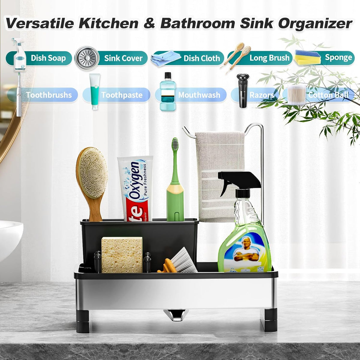 Ewaiira Stainless Steel Sink Caddy, Sponge Holder for Kitchen Sink 9.8″ | with Brush Holder and Towel Rack, Sink Organizer for Countertop, Soap Kitchen Organizers Storage Essentials, Black