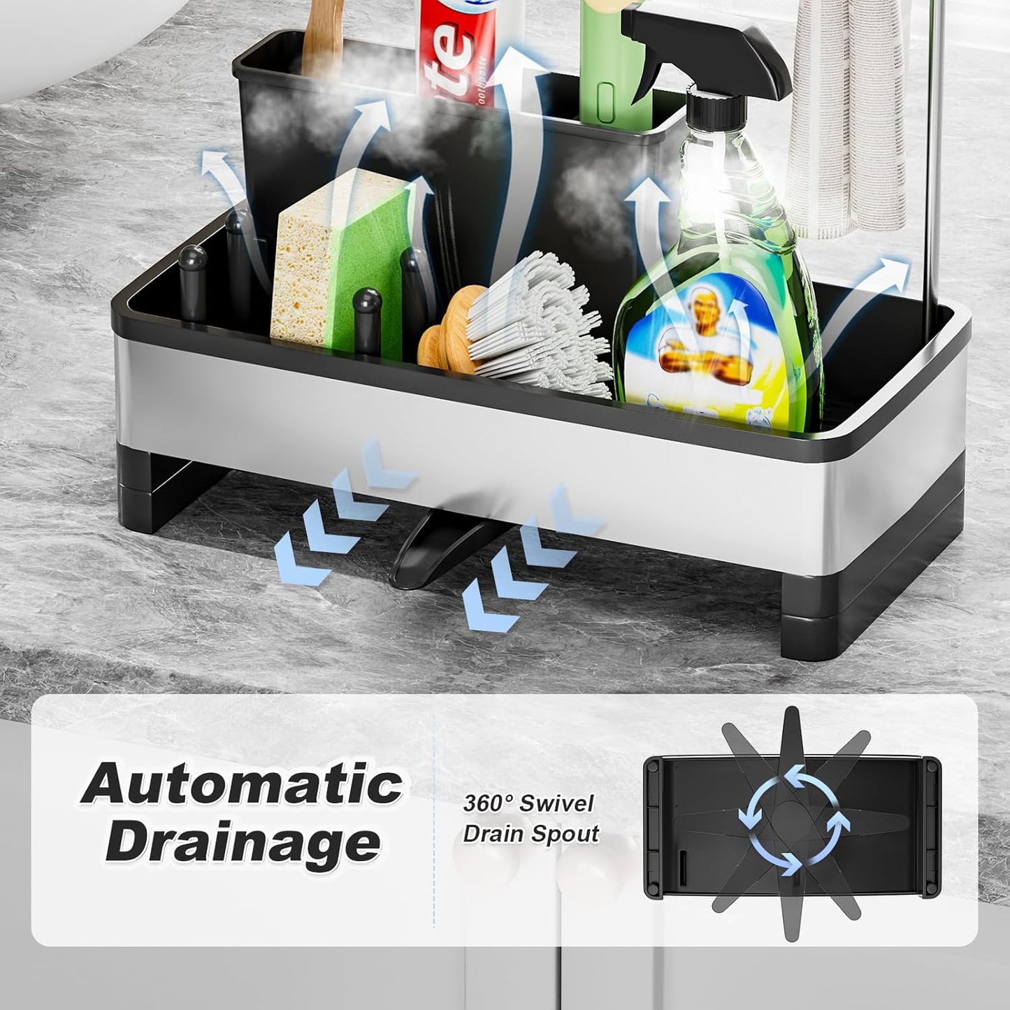 Ewaiira Stainless Steel Sink Caddy, Sponge Holder for Kitchen Sink 9.8″ | with Brush Holder and Towel Rack, Sink Organizer for Countertop, Soap Kitchen Organizers Storage Essentials, Black