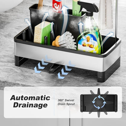 Ewaiira Stainless Steel Sink Caddy, Sponge Holder for Kitchen Sink 9.8″ | with Brush Holder and Towel Rack, Sink Organizer for Countertop, Soap Kitchen Organizers Storage Essentials, Black