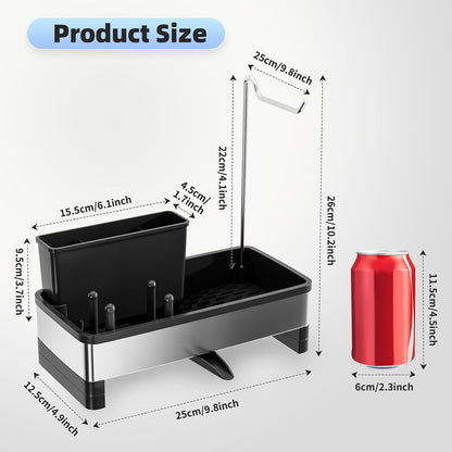 Ewaiira Stainless Steel Sink Caddy, Sponge Holder for Kitchen Sink 9.8″ | with Brush Holder and Towel Rack, Sink Organizer for Countertop, Soap Kitchen Organizers Storage Essentials, Black