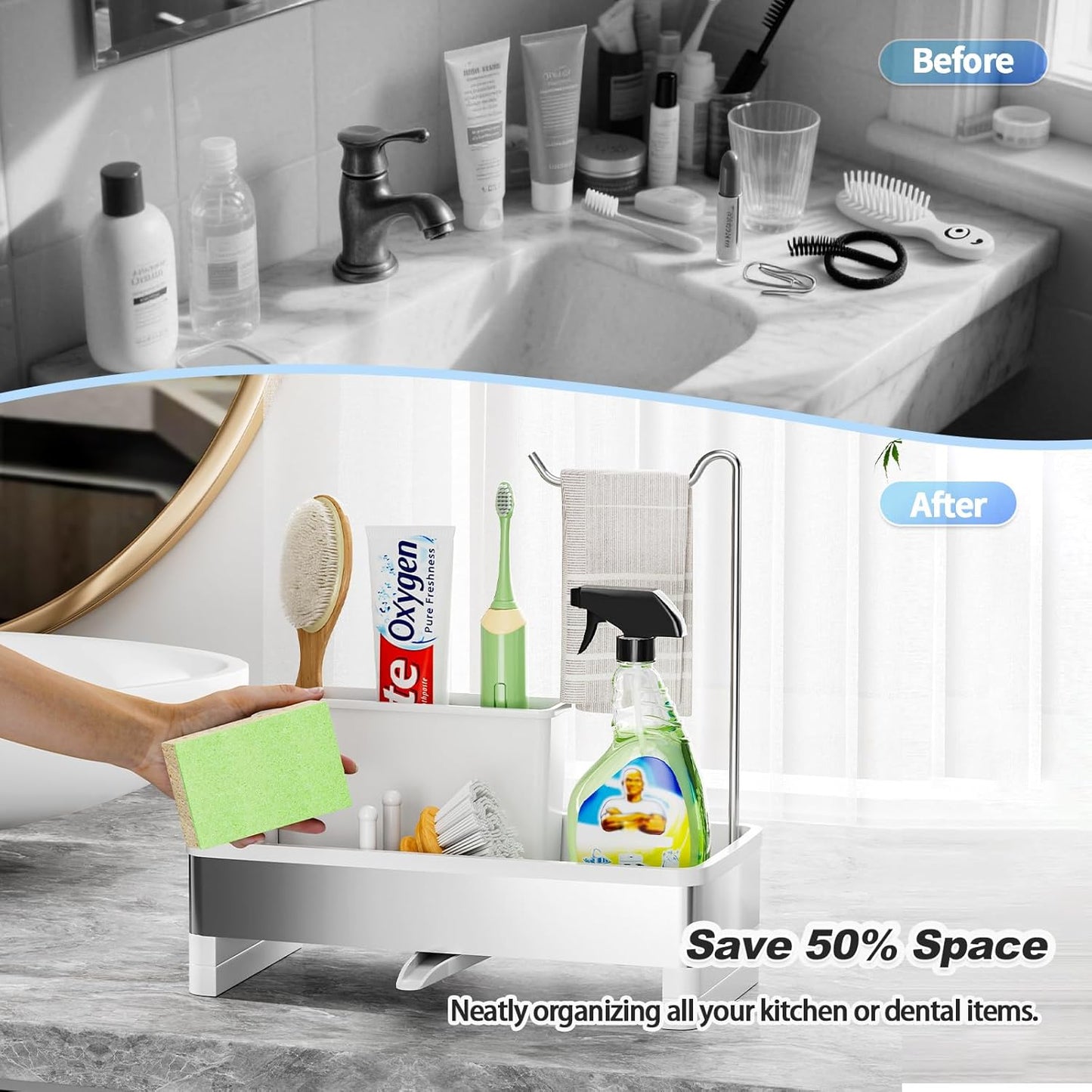 Ewaiira Stainless Steel Sink Caddy, Sponge Holder for Kitchen Sink 9.8″ | with Brush Holder and Towel Rack, Sink Organizer for Countertop, Soap Kitchen Organizers Storage Essentials, Black