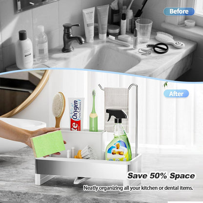 Ewaiira Stainless Steel Sink Caddy, Sponge Holder for Kitchen Sink 9.8″ | with Brush Holder and Towel Rack, Sink Organizer for Countertop, Soap Kitchen Organizers Storage Essentials, Black
