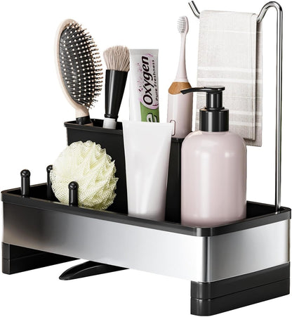 Ewaiira Stainless Steel Sink Caddy, Sponge Holder for Kitchen Sink 9.8″ | with Brush Holder and Towel Rack, Sink Organizer for Countertop, Soap Kitchen Organizers Storage Essentials, Black