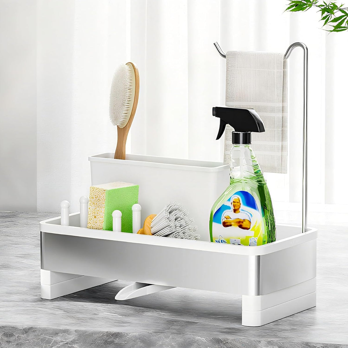 Ewaiira Stainless Steel Sink Caddy, Sponge Holder for Kitchen Sink 9.8″ | with Brush Holder and Towel Rack, Sink Organizer for Countertop, Soap Kitchen Organizers Storage Essentials, Black