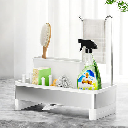Ewaiira Stainless Steel Sink Caddy, Sponge Holder for Kitchen Sink 9.8″ | with Brush Holder and Towel Rack, Sink Organizer for Countertop, Soap Kitchen Organizers Storage Essentials, Black