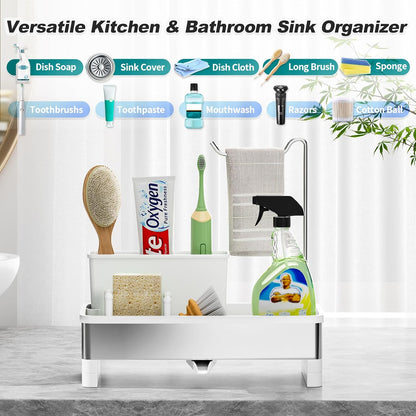 Ewaiira Stainless Steel Sink Caddy, Sponge Holder for Kitchen Sink 9.8″ | with Brush Holder and Towel Rack, Sink Organizer for Countertop, Soap Kitchen Organizers Storage Essentials, Black