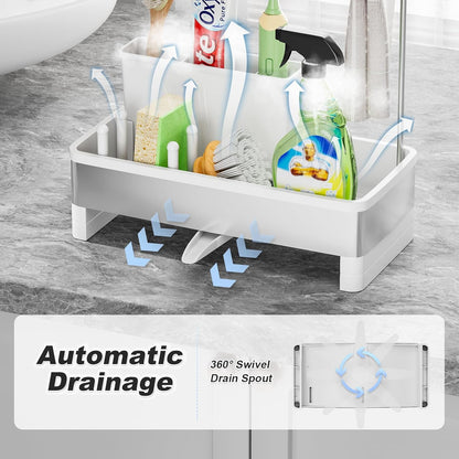 Ewaiira Stainless Steel Sink Caddy, Sponge Holder for Kitchen Sink 9.8″ | with Brush Holder and Towel Rack, Sink Organizer for Countertop, Soap Kitchen Organizers Storage Essentials, Black