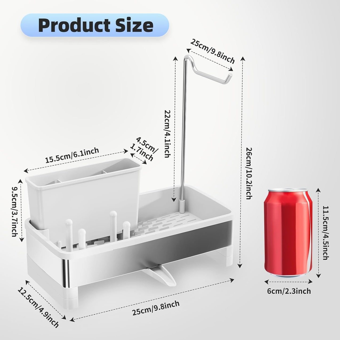 Ewaiira Stainless Steel Sink Caddy, Sponge Holder for Kitchen Sink 9.8″ | with Brush Holder and Towel Rack, Sink Organizer for Countertop, Soap Kitchen Organizers Storage Essentials, Black