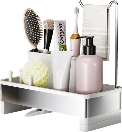 Ewaiira Stainless Steel Sink Caddy, Sponge Holder for Kitchen Sink 9.8″ | with Brush Holder and Towel Rack, Sink Organizer for Countertop, Soap Kitchen Organizers Storage Essentials, Black