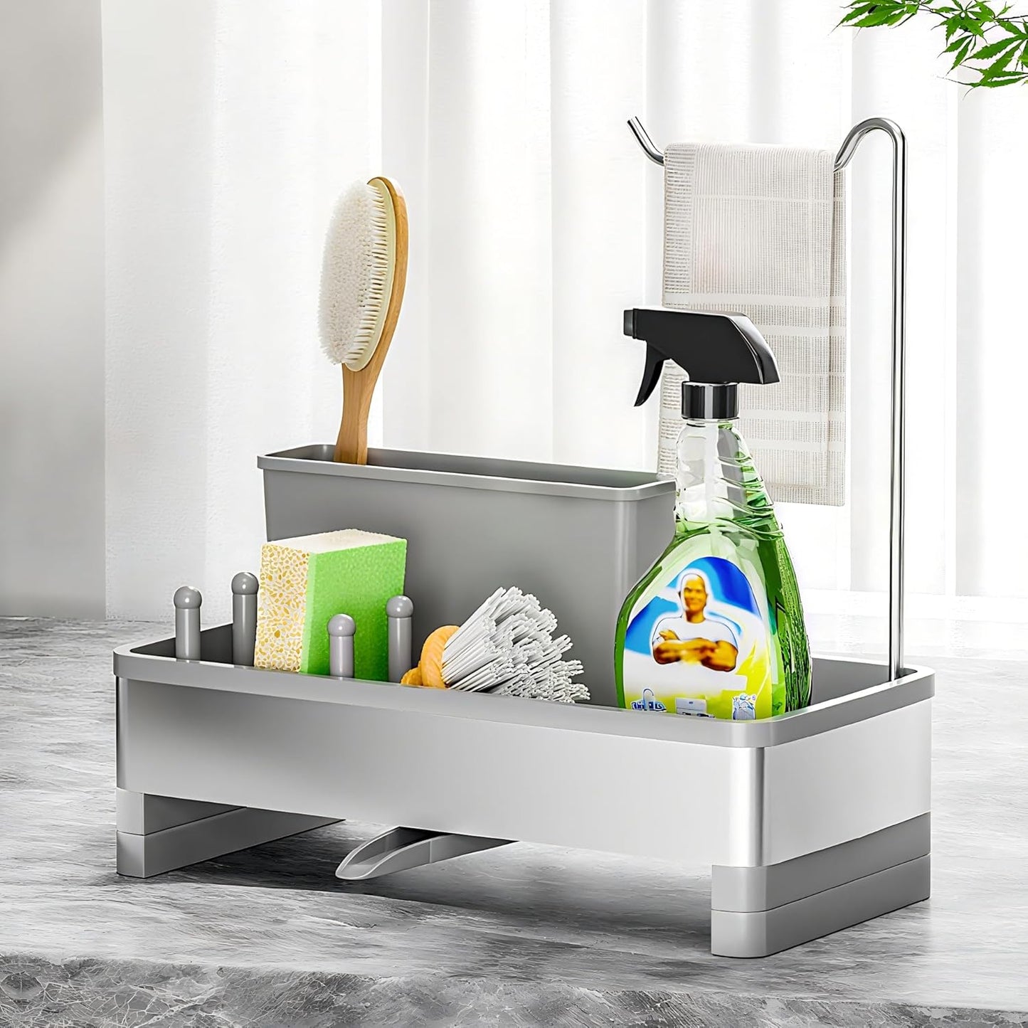 Ewaiira Stainless Steel Sink Caddy, Sponge Holder for Kitchen Sink 9.8″ | with Brush Holder and Towel Rack, Sink Organizer for Countertop, Soap Kitchen Organizers Storage Essentials, Black