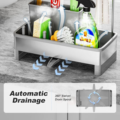 Ewaiira Stainless Steel Sink Caddy, Sponge Holder for Kitchen Sink 9.8″ | with Brush Holder and Towel Rack, Sink Organizer for Countertop, Soap Kitchen Organizers Storage Essentials, Black