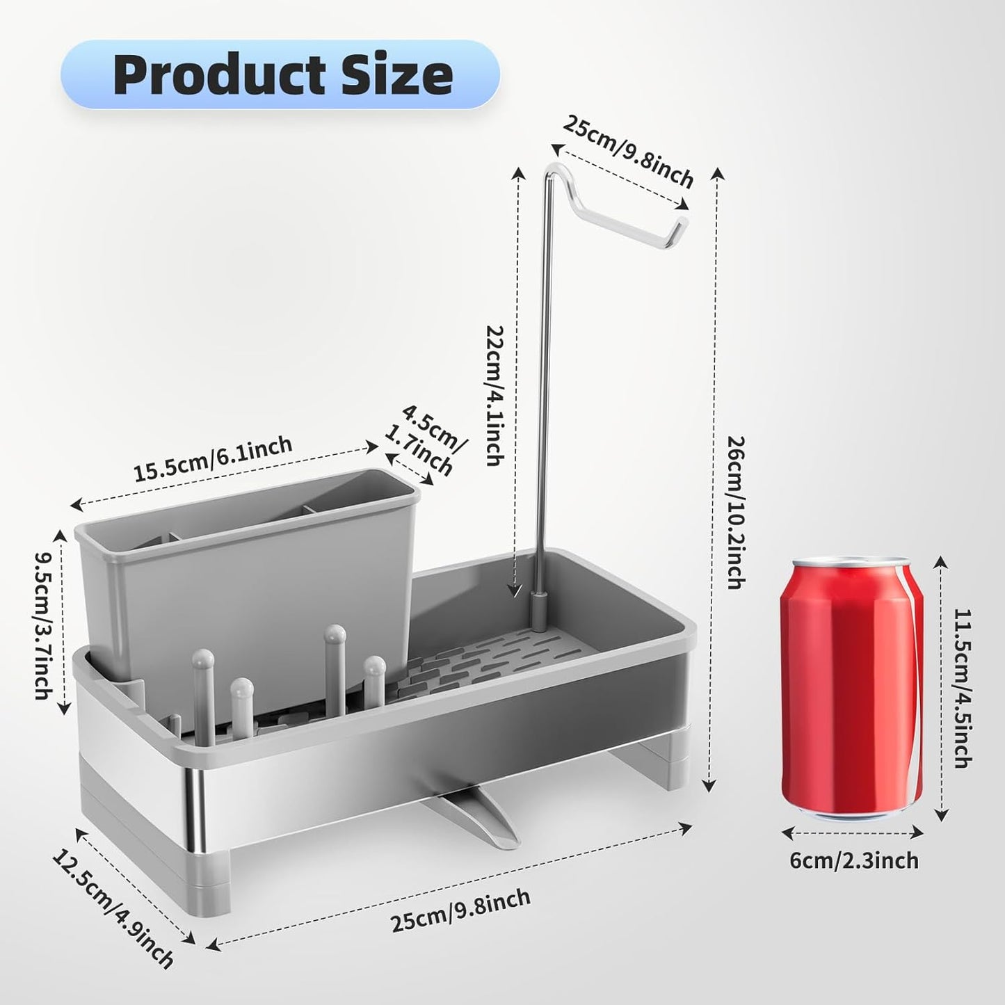 Ewaiira Stainless Steel Sink Caddy, Sponge Holder for Kitchen Sink 9.8″ | with Brush Holder and Towel Rack, Sink Organizer for Countertop, Soap Kitchen Organizers Storage Essentials, Black
