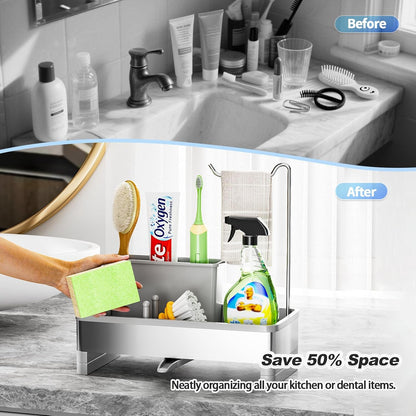 Ewaiira Stainless Steel Sink Caddy, Sponge Holder for Kitchen Sink 9.8″ | with Brush Holder and Towel Rack, Sink Organizer for Countertop, Soap Kitchen Organizers Storage Essentials, Black