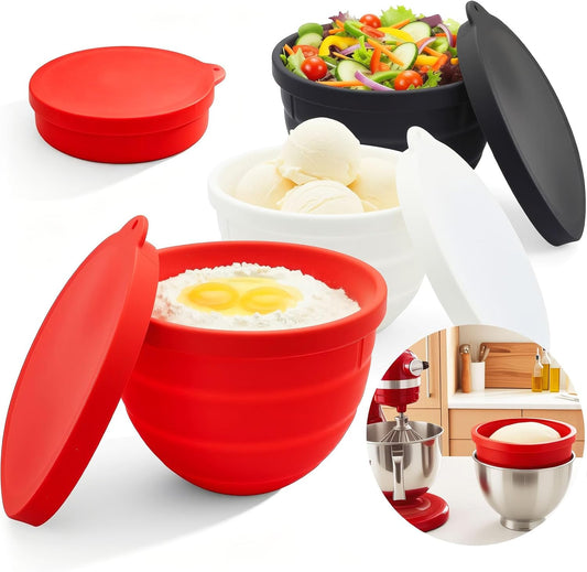 3 Pack Silicone Bowl Liners with Lids for KitchenAid 5QT Tilt Head Mixer, Collapsible Food-Grade Bowl Inserts, Thick Heat/Cold Resistant Silicone Mixing Bowl Liners