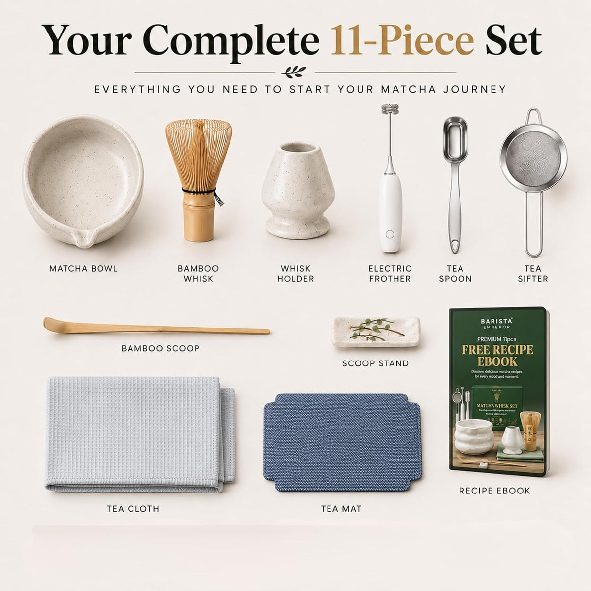 ® MATCHA WHISK SET PREMIUM - Professional Matcha Kit Set with Matcha Bowl, Matcha Whisk, Milk Frother, Spoon, Sifter, Scoop, Stand, Tea Mat, Cloth, Ebook - Matcha Bowl Set