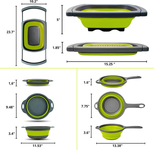 3PCS Green Foldable Kitchen Strainer Set – Silicone Colander Collapsible Strainers and Colanders Green Collander for Kitchen Collapsible Compact Drain Tools for Cooking Prep