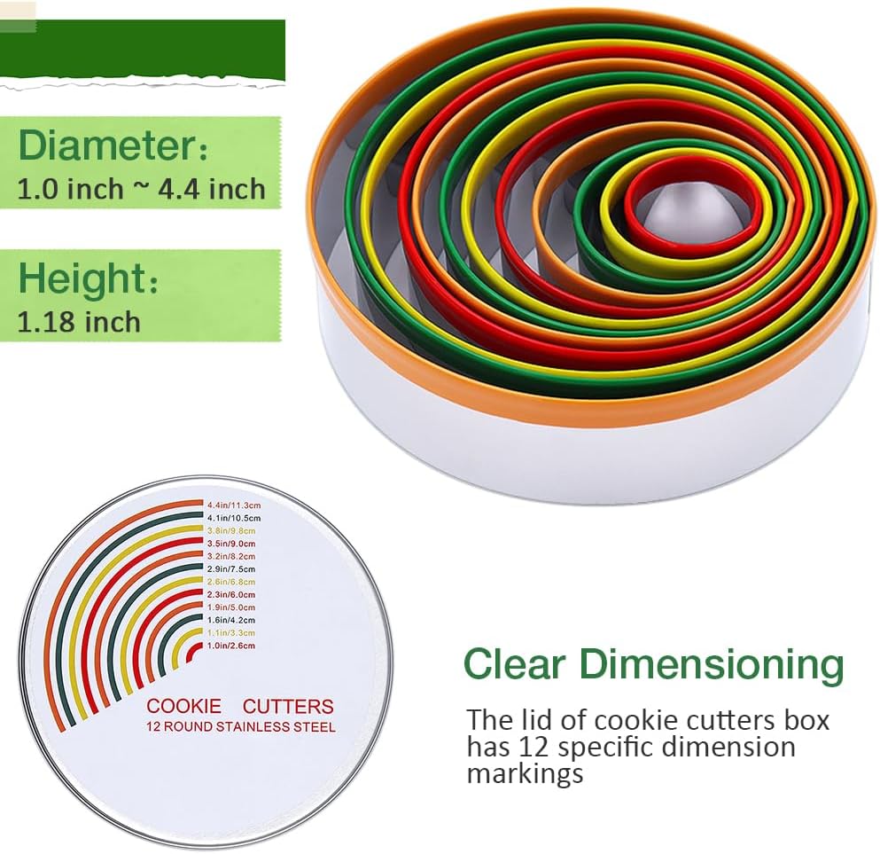 Round Biscuit Cutter Set, 12 Pack Circle Cookie Cutters | Stainless Steel Donut Cutter with Colorful Rubber Coating, Different Sizes for Dough, Fondant, Clay