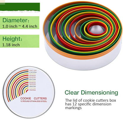 Round Biscuit Cutter Set, 12 Pack Circle Cookie Cutters | Stainless Steel Donut Cutter with Colorful Rubber Coating, Different Sizes for Dough, Fondant, Clay