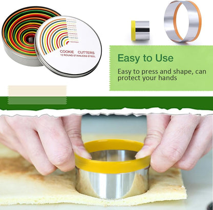 Round Biscuit Cutter Set, 12 Pack Circle Cookie Cutters | Stainless Steel Donut Cutter with Colorful Rubber Coating, Different Sizes for Dough, Fondant, Clay