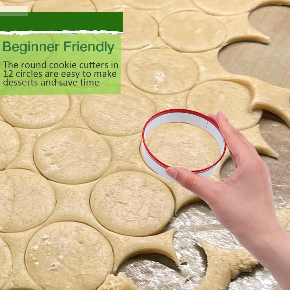 Round Biscuit Cutter Set, 12 Pack Circle Cookie Cutters | Stainless Steel Donut Cutter with Colorful Rubber Coating, Different Sizes for Dough, Fondant, Clay