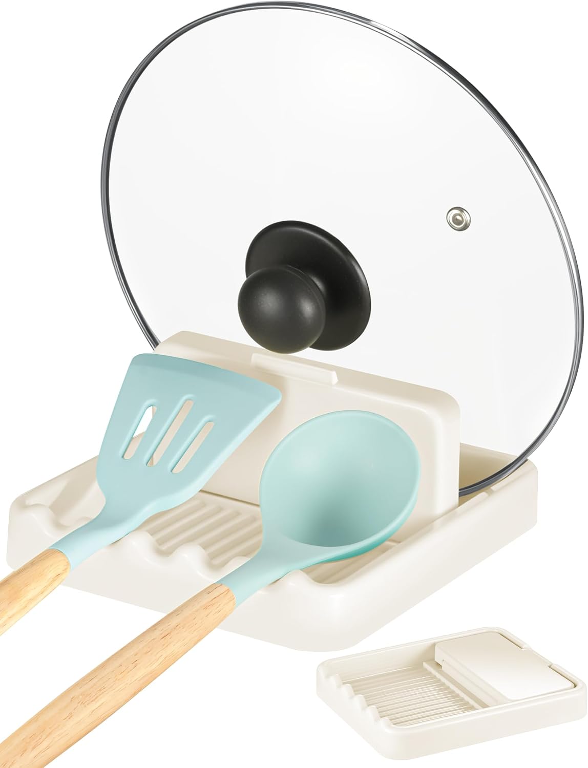 Cream White Pot Lid Holder & Spoon Rest – Fits 7.8in, 9.8in, 11.8in Round Lids, Anti-Drip Design, Wave Slots, Includes Transparent Anti-Slip Stickers (1PCS)