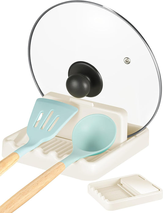 Cream White Pot Lid Holder & Spoon Rest – Fits 7.8in, 9.8in, 11.8in Round Lids, Anti-Drip Design, Wave Slots, Includes Transparent Anti-Slip Stickers (1PCS)