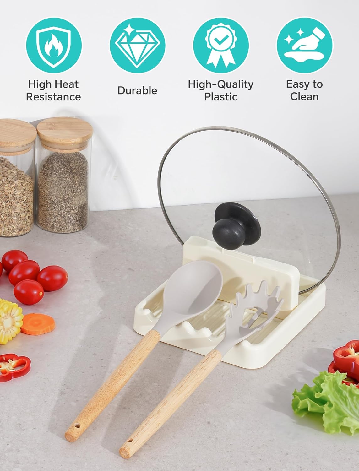 Cream White Pot Lid Holder & Spoon Rest – Fits 7.8in, 9.8in, 11.8in Round Lids, Anti-Drip Design, Wave Slots, Includes Transparent Anti-Slip Stickers (1PCS)