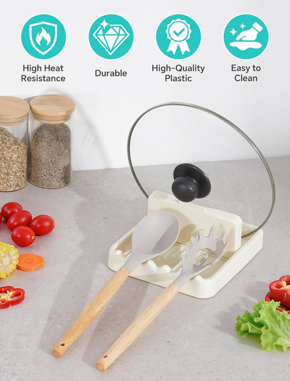 Cream White Pot Lid Holder & Spoon Rest – Fits 7.8in, 9.8in, 11.8in Round Lids, Anti-Drip Design, Wave Slots, Includes Transparent Anti-Slip Stickers (1PCS)