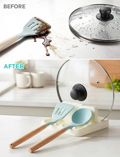 Cream White Pot Lid Holder & Spoon Rest – Fits 7.8in, 9.8in, 11.8in Round Lids, Anti-Drip Design, Wave Slots, Includes Transparent Anti-Slip Stickers (1PCS)