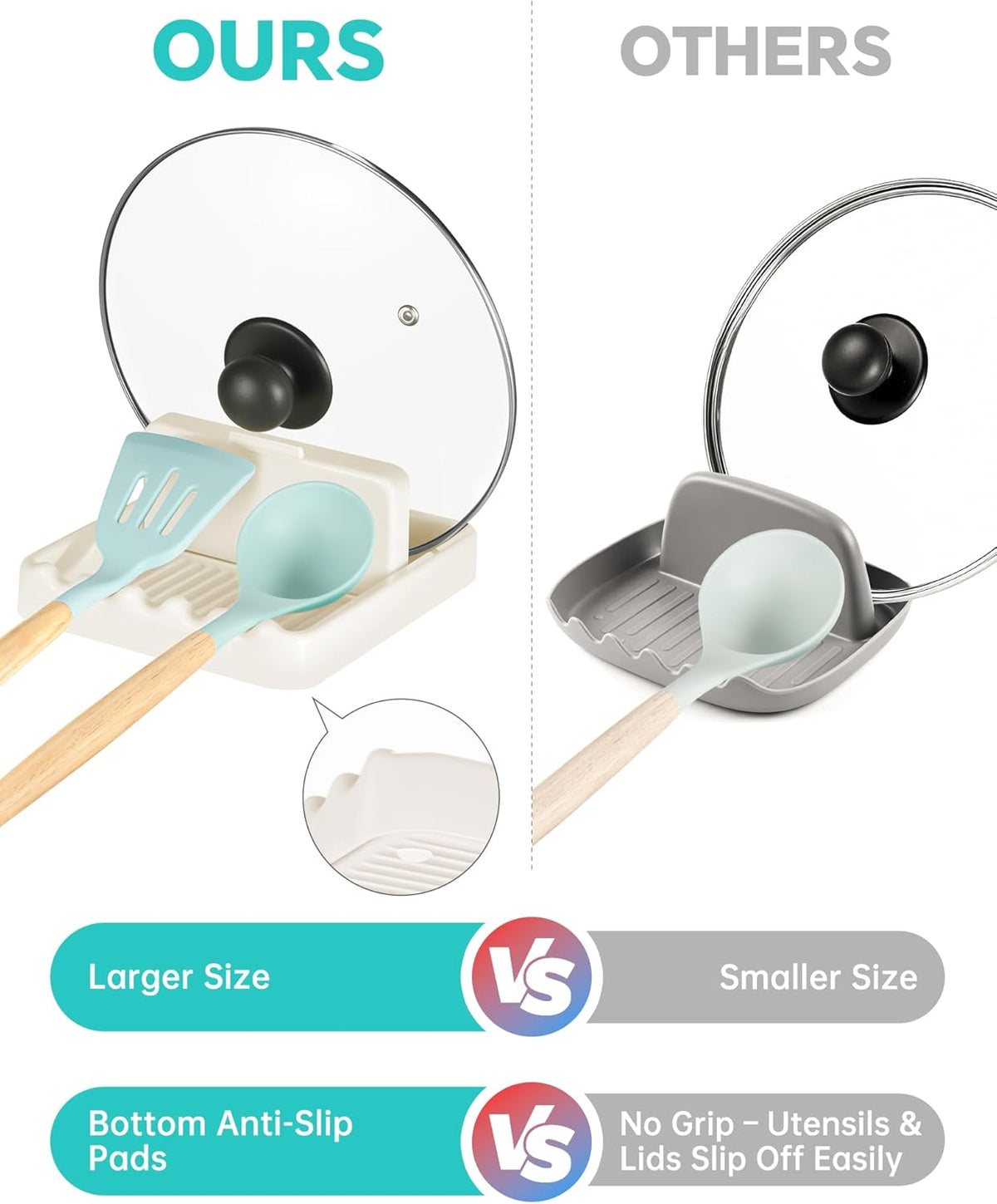 Cream White Pot Lid Holder & Spoon Rest – Fits 7.8in, 9.8in, 11.8in Round Lids, Anti-Drip Design, Wave Slots, Includes Transparent Anti-Slip Stickers (1PCS)