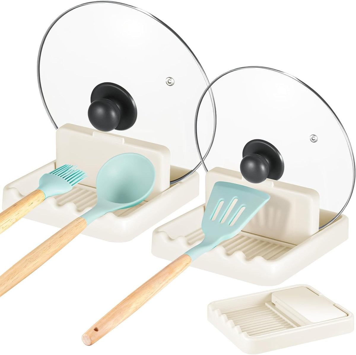 Cream White Pot Lid Holder & Spoon Rest – Fits 7.8in, 9.8in, 11.8in Round Lids, Anti-Drip Design, Wave Slots, Includes Transparent Anti-Slip Stickers (1PCS)