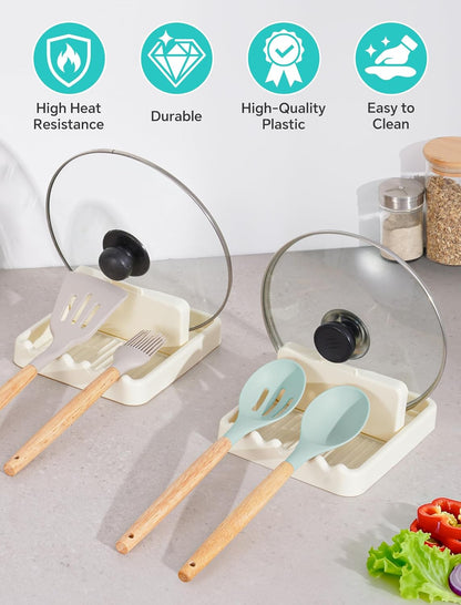 Cream White Pot Lid Holder & Spoon Rest – Fits 7.8in, 9.8in, 11.8in Round Lids, Anti-Drip Design, Wave Slots, Includes Transparent Anti-Slip Stickers (1PCS)