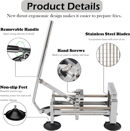 French Fry Cutter,Stainless Steel Potato Slicer,Professional Heavy Duty Potato Cutter,with 1/2-inch and 3/8-inch Blades for Potatoes,Carrots,Cucumbers,Onions