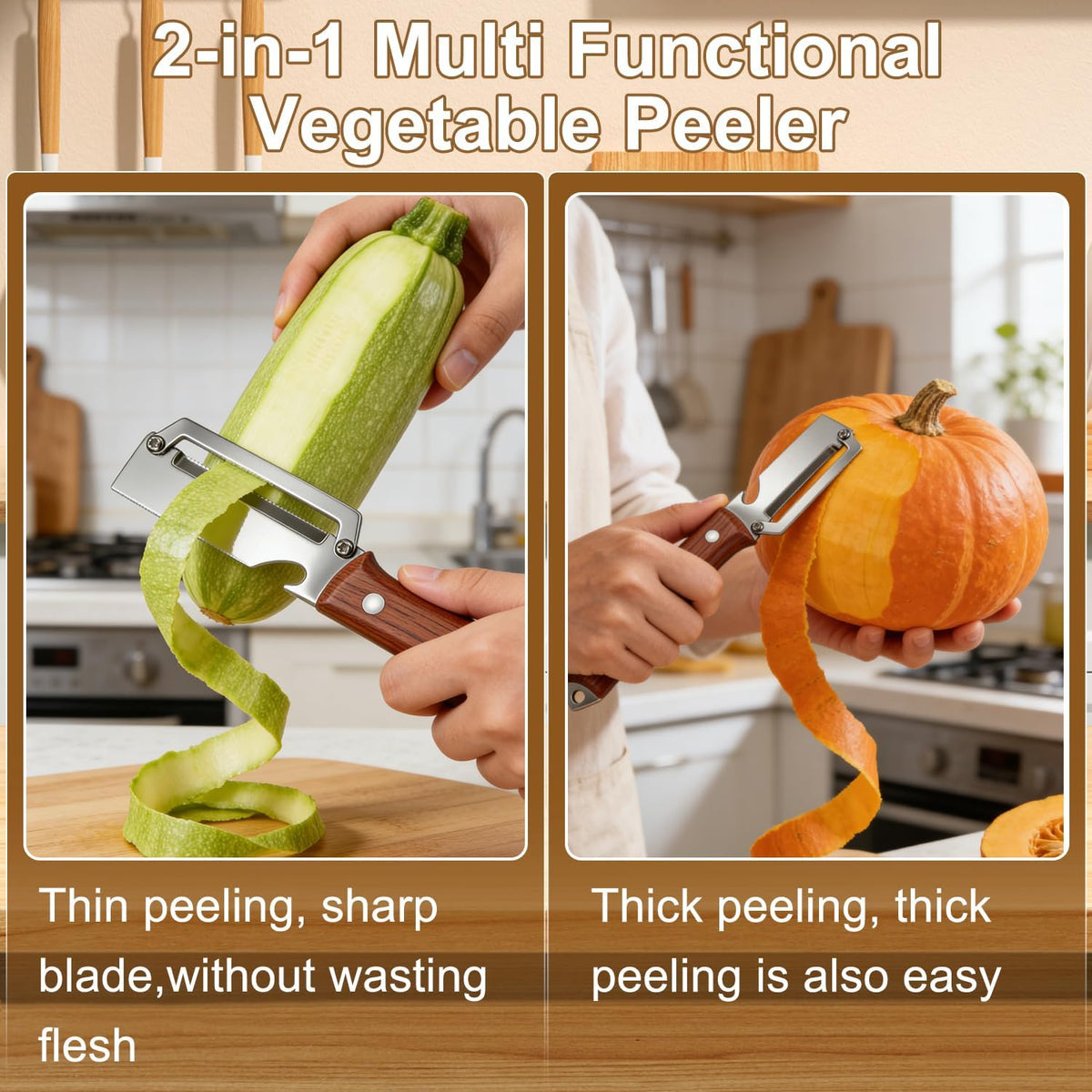 2Pcs Premium Vegetable Peeler with Wooden Handle and Bottle Opener,Multifunctional 3-in-1 Stainless Steel Kitchen Tool for various fruits and vegetables that require peeling（Black + Brown）