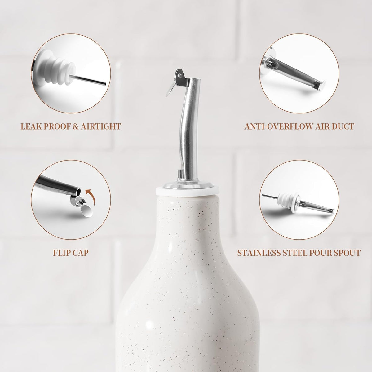16oz Ceramic Oil Dispenser Bottle, 1 Piece, White | Oil Pourer for Kitchen, Equipped with Stainless Steel Pourers, Suitable for Storing Vinegar, Soy Sauce, Coffee Syrup