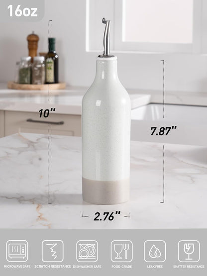 16oz Ceramic Oil Dispenser Bottle, 1 Piece, White | Oil Pourer for Kitchen, Equipped with Stainless Steel Pourers, Suitable for Storing Vinegar, Soy Sauce, Coffee Syrup