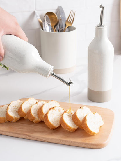 16oz Ceramic Oil Dispenser Bottle, 1 Piece, White | Oil Pourer for Kitchen, Equipped with Stainless Steel Pourers, Suitable for Storing Vinegar, Soy Sauce, Coffee Syrup