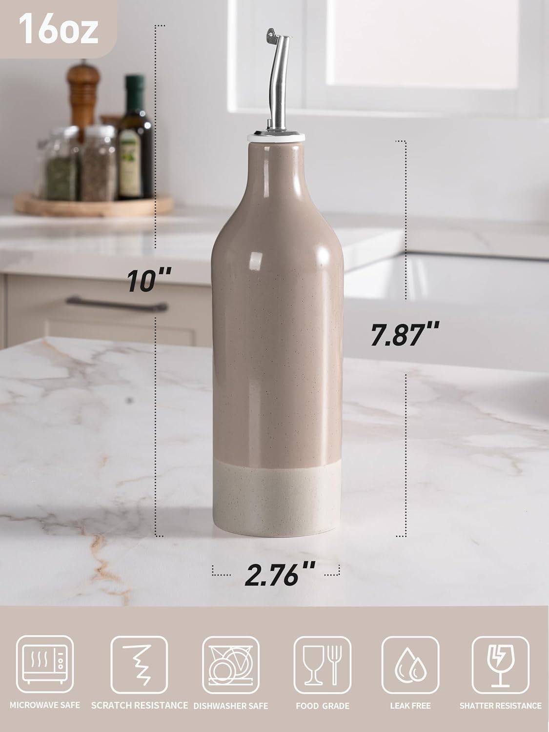 16oz Ceramic Oil Dispenser Bottle, 1 Piece, White | Oil Pourer for Kitchen, Equipped with Stainless Steel Pourers, Suitable for Storing Vinegar, Soy Sauce, Coffee Syrup