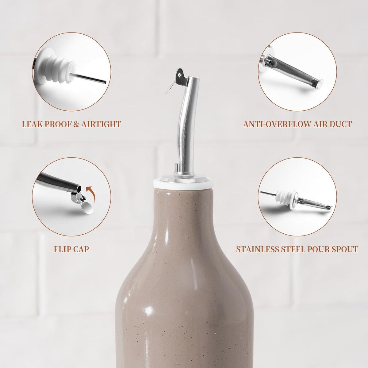 16oz Ceramic Oil Dispenser Bottle, 1 Piece, White | Oil Pourer for Kitchen, Equipped with Stainless Steel Pourers, Suitable for Storing Vinegar, Soy Sauce, Coffee Syrup