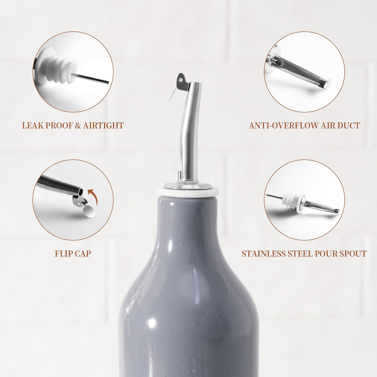 16oz Ceramic Oil Dispenser Bottle, 1 Piece, White | Oil Pourer for Kitchen, Equipped with Stainless Steel Pourers, Suitable for Storing Vinegar, Soy Sauce, Coffee Syrup