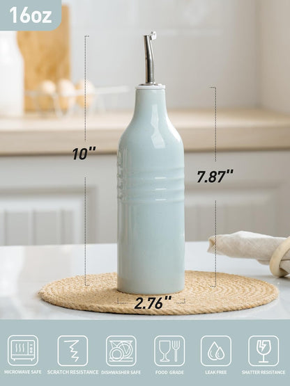 16oz Ceramic Oil Dispenser Bottle, 1 Piece, White | Oil Pourer for Kitchen, Equipped with Stainless Steel Pourers, Suitable for Storing Vinegar, Soy Sauce, Coffee Syrup