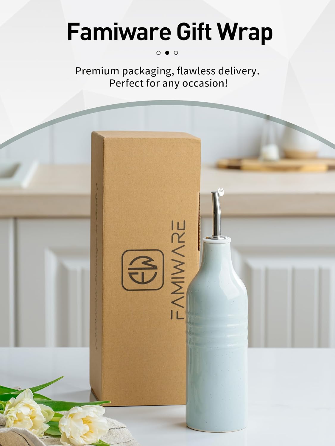 16oz Ceramic Oil Dispenser Bottle, 1 Piece, White | Oil Pourer for Kitchen, Equipped with Stainless Steel Pourers, Suitable for Storing Vinegar, Soy Sauce, Coffee Syrup