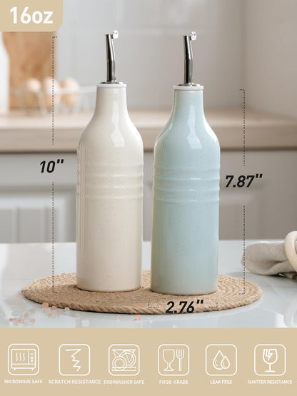 16oz Ceramic Oil Dispenser Bottle, 1 Piece, White | Oil Pourer for Kitchen, Equipped with Stainless Steel Pourers, Suitable for Storing Vinegar, Soy Sauce, Coffee Syrup