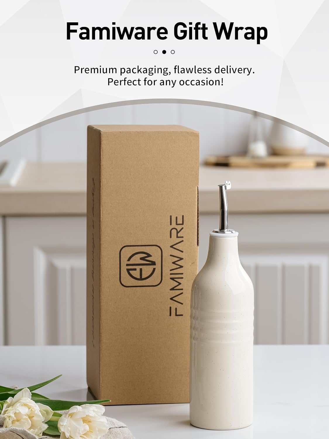 16oz Ceramic Oil Dispenser Bottle, 1 Piece, White | Oil Pourer for Kitchen, Equipped with Stainless Steel Pourers, Suitable for Storing Vinegar, Soy Sauce, Coffee Syrup