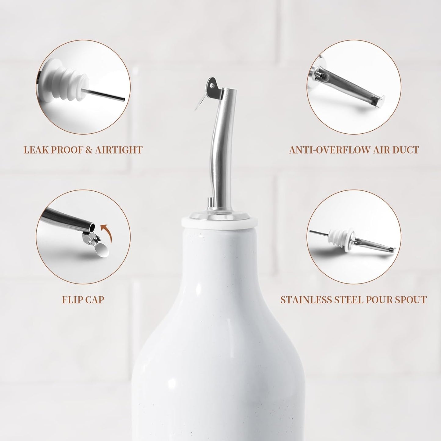 16oz Ceramic Oil Dispenser Bottle, 1 Piece, White | Oil Pourer for Kitchen, Equipped with Stainless Steel Pourers, Suitable for Storing Vinegar, Soy Sauce, Coffee Syrup