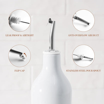 16oz Ceramic Oil Dispenser Bottle, 1 Piece, White | Oil Pourer for Kitchen, Equipped with Stainless Steel Pourers, Suitable for Storing Vinegar, Soy Sauce, Coffee Syrup