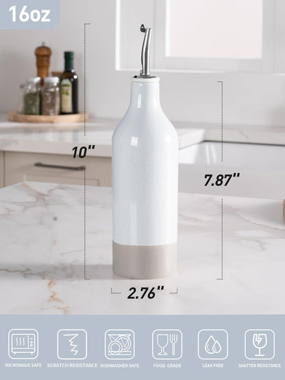 16oz Ceramic Oil Dispenser Bottle, 1 Piece, White | Oil Pourer for Kitchen, Equipped with Stainless Steel Pourers, Suitable for Storing Vinegar, Soy Sauce, Coffee Syrup
